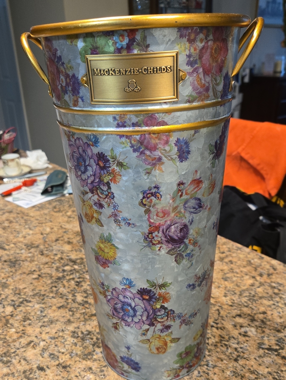 MacKenzie-Childs Floral Metal Umbrella Vase with Gold Trim